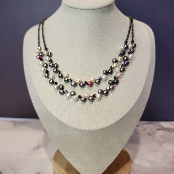 Lia Sophia Jewelry - Lia Sophia Double Strand Multi Color Pearl Crystal Bead 15"-18" Necklace